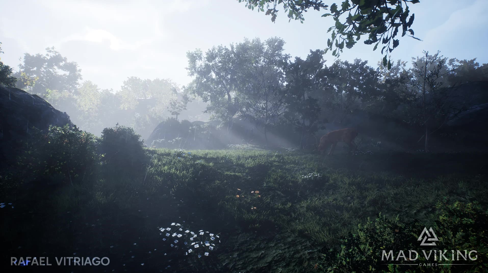 Ashes of Idunn environment: a forest clearing with a deer in the morning light, by Rafael Vitriago